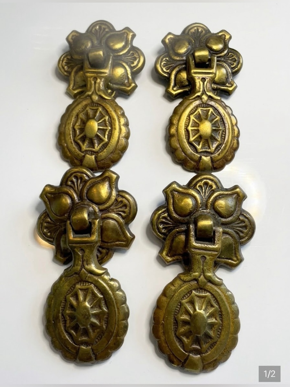 Vintage Brass Teardrop Pendant Drawer Pulls Floral Starburst Set of 4 Part 3732